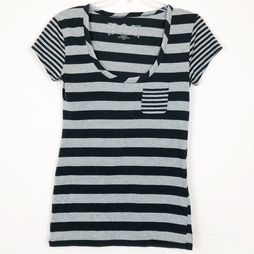 Poof! Y2K Vintage Striped Short Sleeve Scoop Neck Top Juniors Large